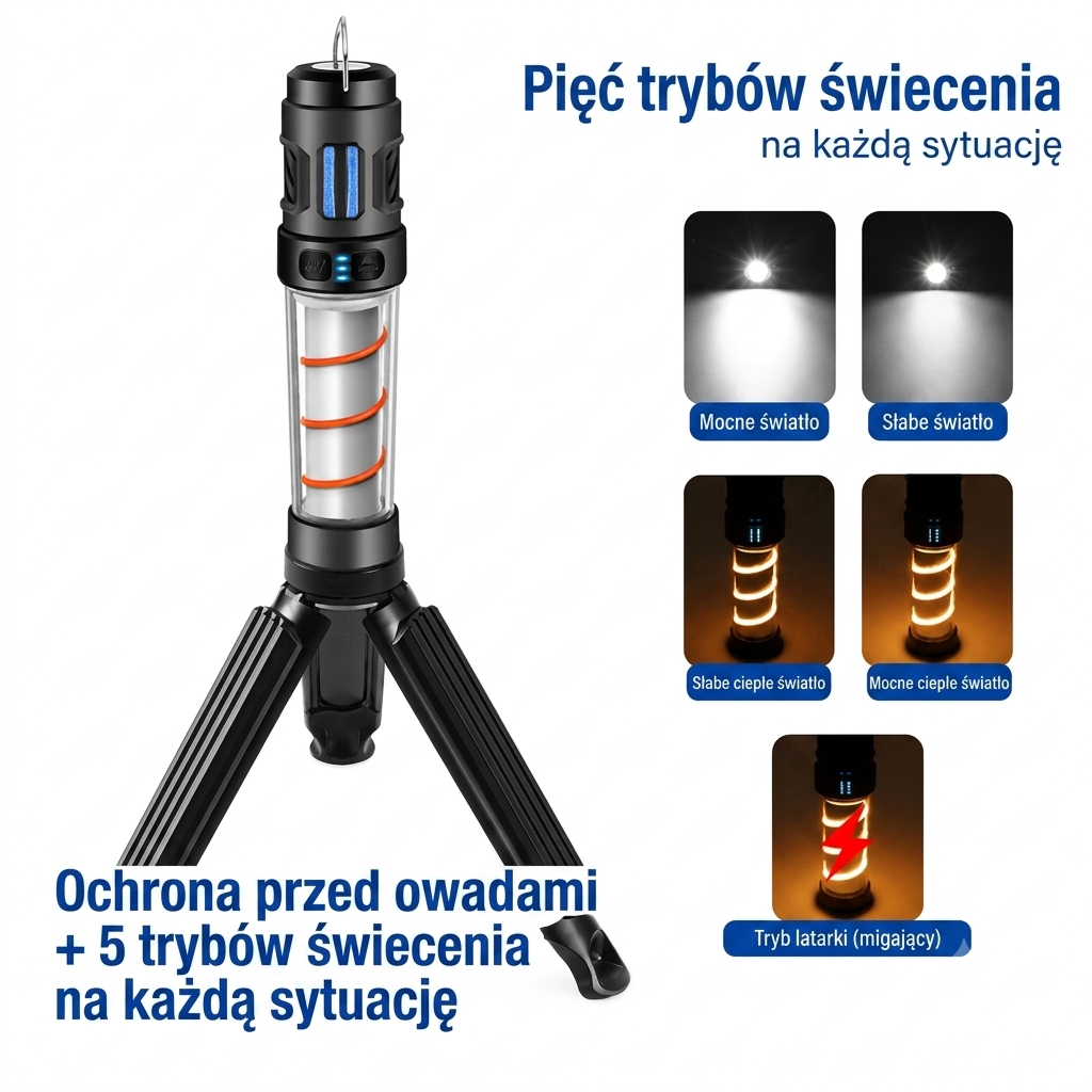 Lampa Kempingowa LED z Ochroną przed Komarami – 5 Trybów Świecenia – Akumulatorowa USB ze Statywem