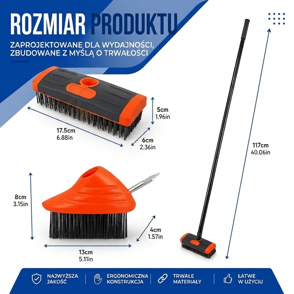 Szczotka do Fug z Trzonkiem Teleskopowym - Czyścik do Fug 3-w-1 - Szczotka do Chwastów