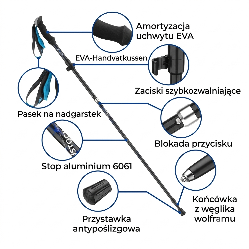 Ultralekkie Kije Trekkingowe – Regulowane, Anti-Shock i z Końcówką z Węglika Wolframu