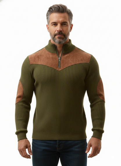 Sweter męski z zamkiem i skórzanymi wstawkami