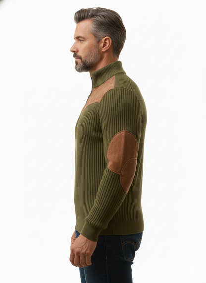 Sweter męski z zamkiem i skórzanymi wstawkami