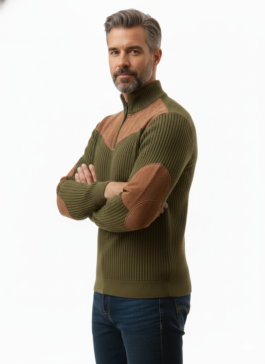 Sweter męski z zamkiem i skórzanymi wstawkami