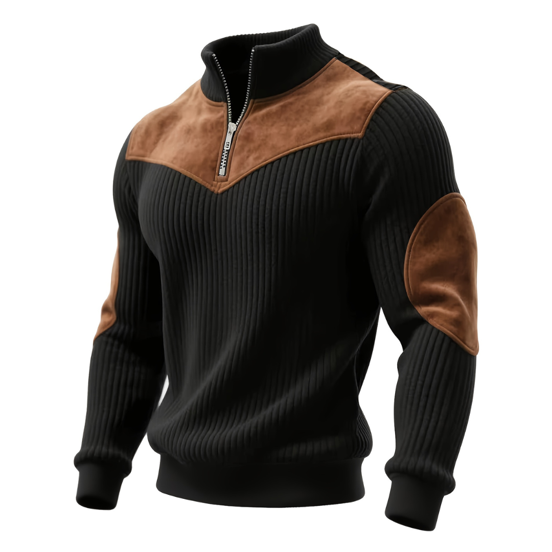 Sweter męski z zamkiem i skórzanymi wstawkami