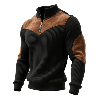 Sweter męski z zamkiem i skórzanymi wstawkami