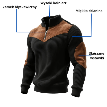 Sweter męski z zamkiem i skórzanymi wstawkami