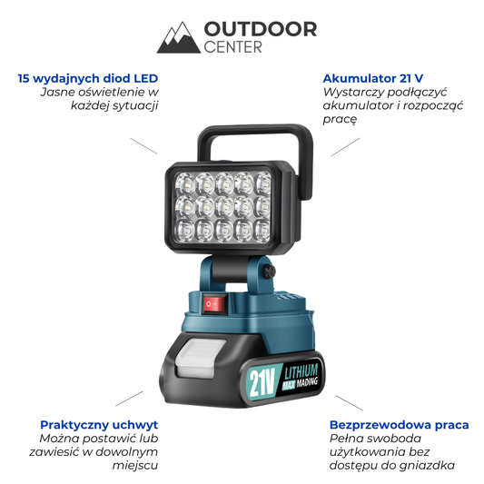 Bezprzewodowa Lampa Robocza LED – 21V Lampa Kempingowa – Przenośna