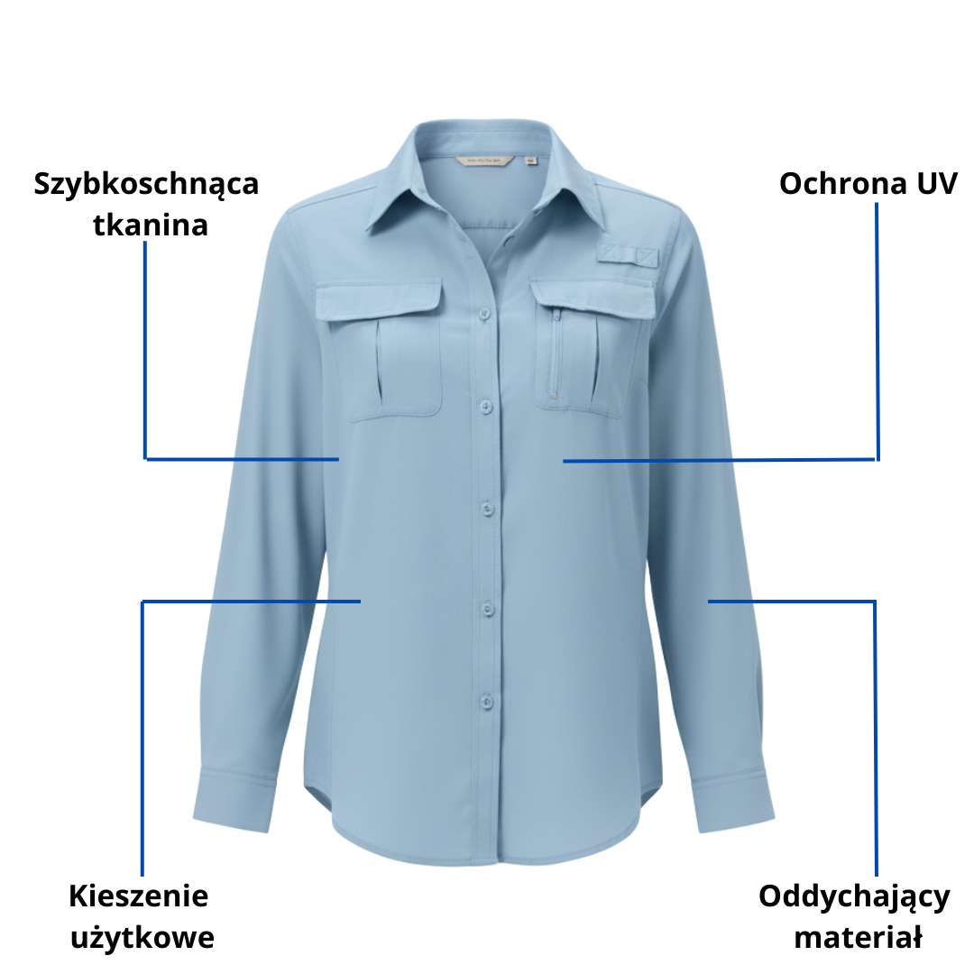 Damska oddychająca koszula trekkingowa z długim rękawem – Lekka i szybkoschnąca