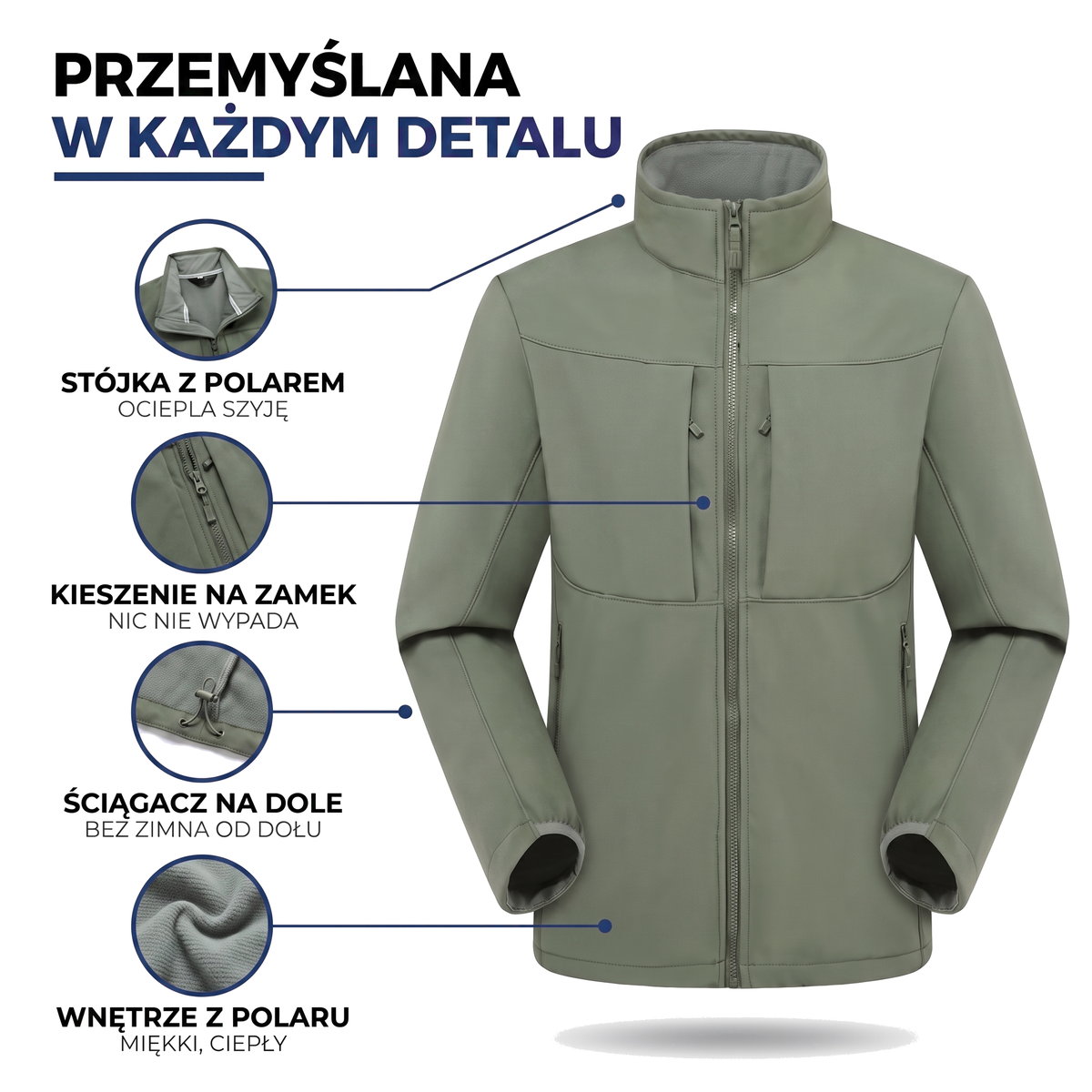 Kurtka jesienna męska z polarową podszewką, odporna na wiatr