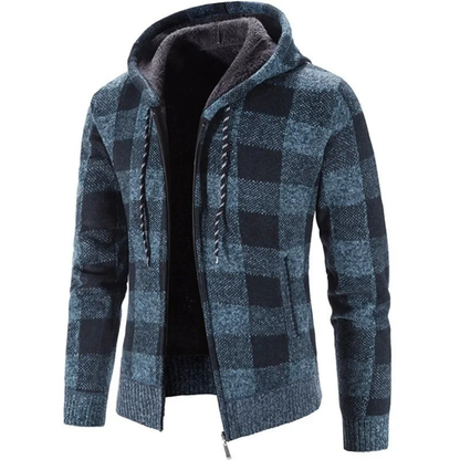 Rozpinana bluza męska z kapturem w kratę z polarową podszewką