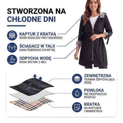 Kurtka przejściowa damska z kapturem i kratowaną podszewką
