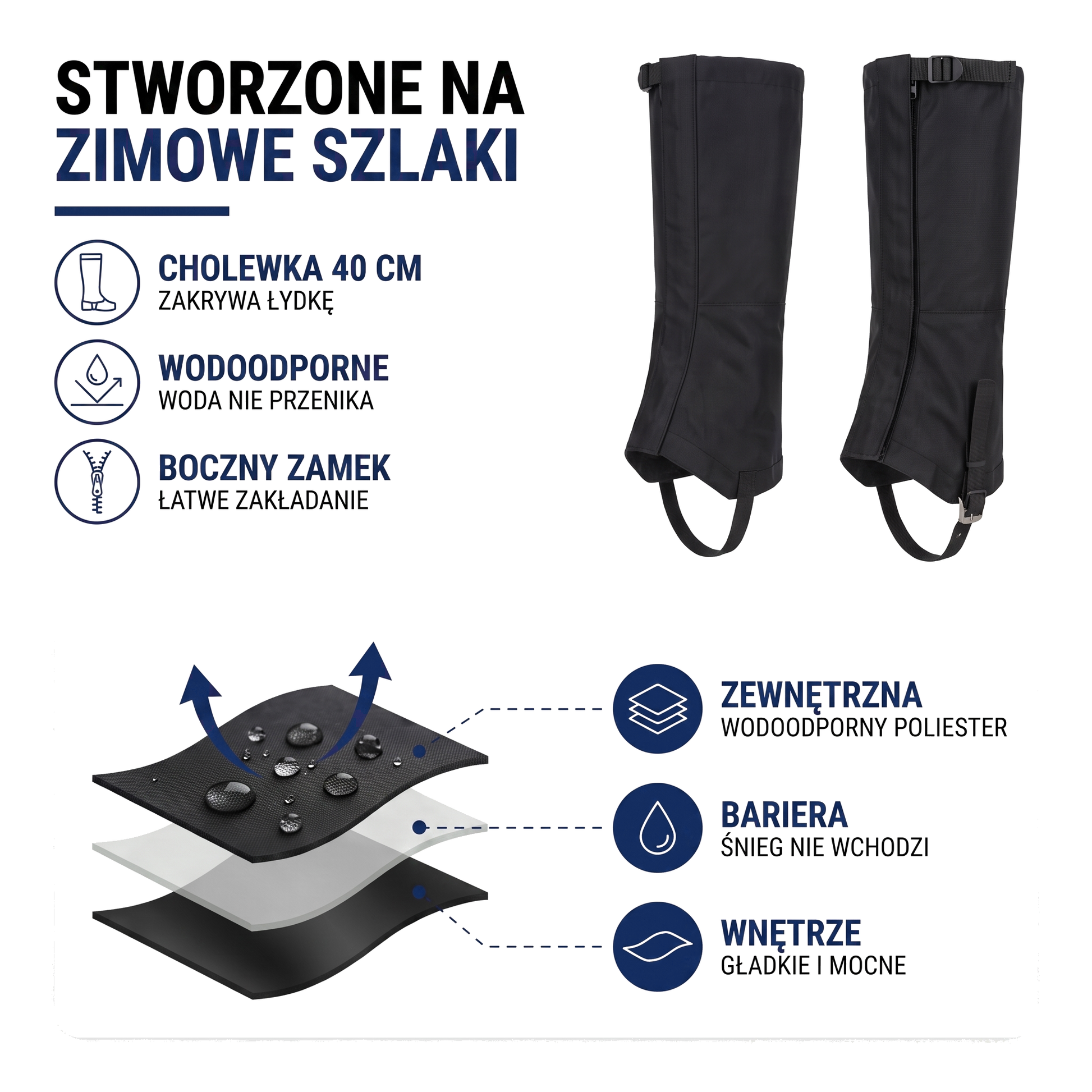 Gamasze trekkingowe wodoodporne z zamkiem