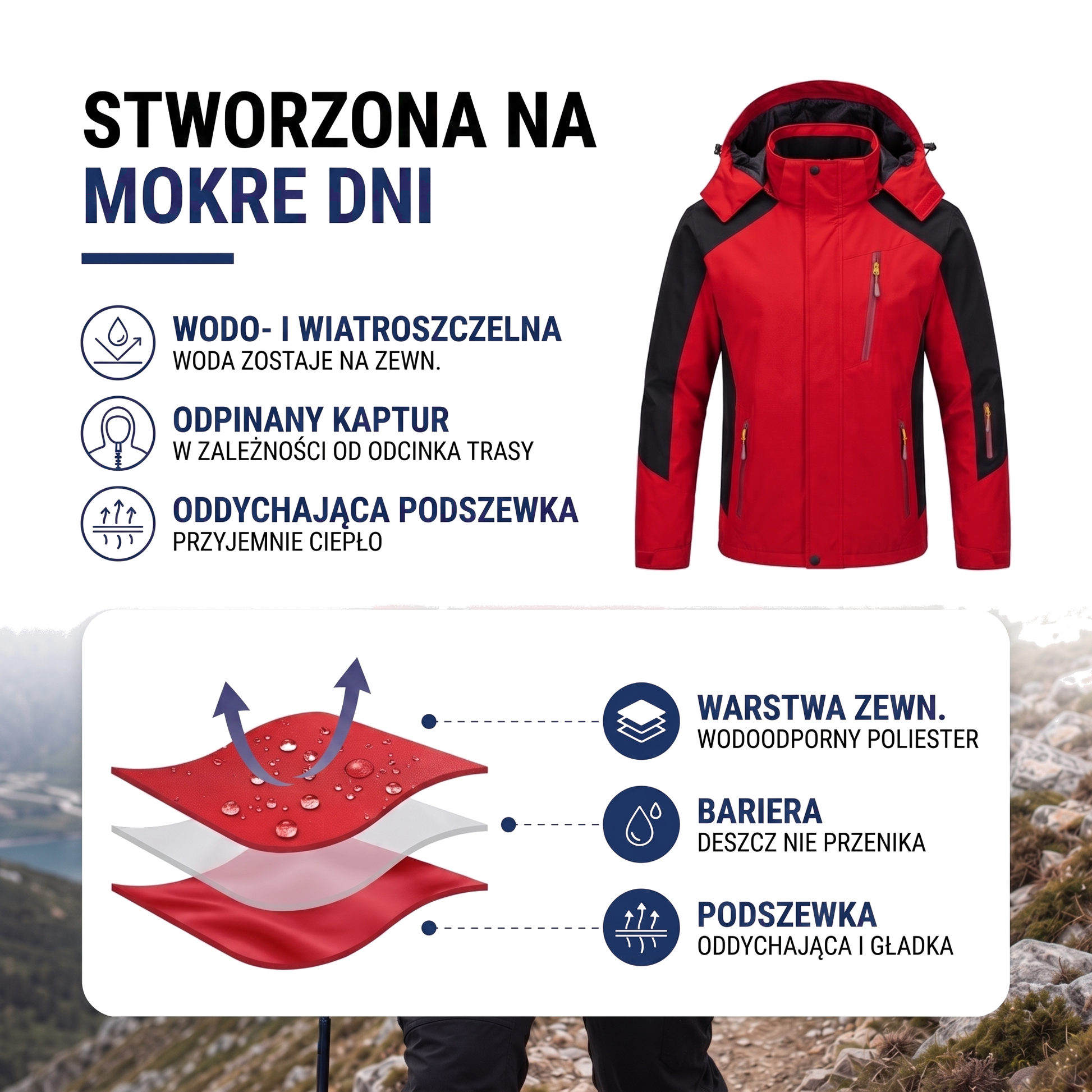 Kurtka jesienna męska wodoodporna z odpinanym kapturem