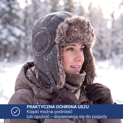 Czapka uszatka ze sztucznym futerkiem, wegańska skóra
