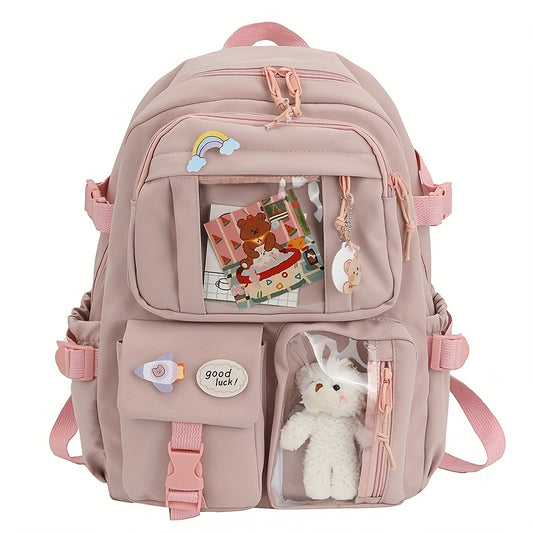 Plecak szkolny dla dziewczyny - przezroczysta kieszeń na przypinki - kawaii