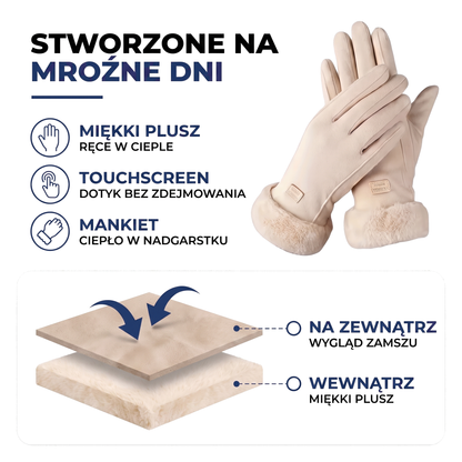 Beżowe damskie rękawiczki zimowe z pluszową podszewką, dotykowe