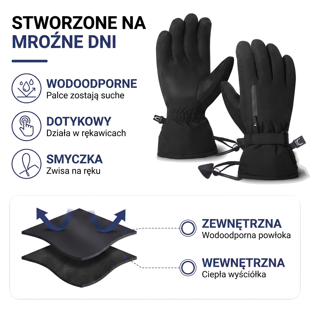 Wodoodporne rękawice narciarskie z ekranem dotykowym i smyczą