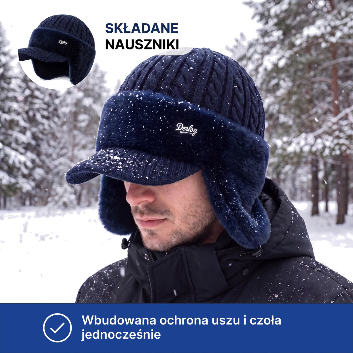 Czapka uszatka męska z daszkiem i polarową podszewką