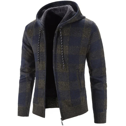 Rozpinana bluza męska z kapturem w kratę z polarową podszewką