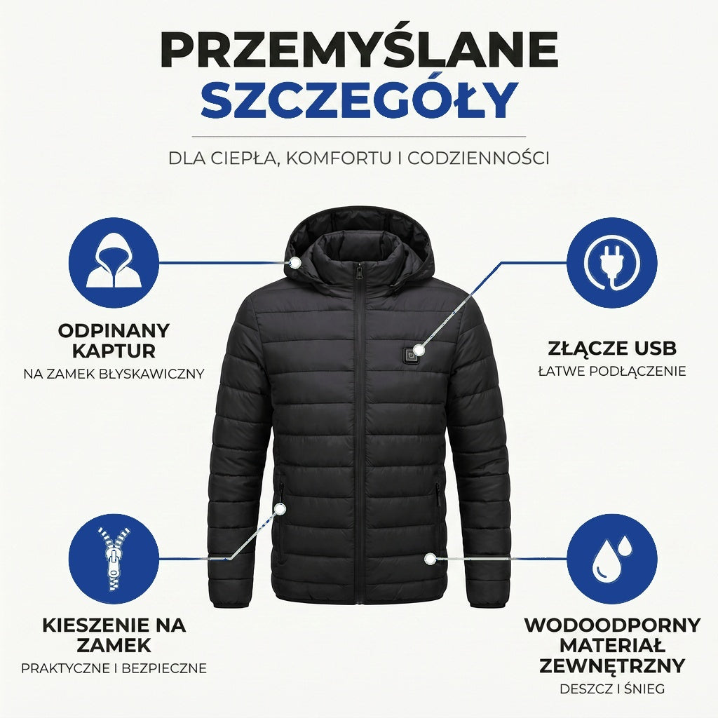 Kurtka ogrzewana męska i damska - 9 stref grzewczych - Wodoodporna, USB