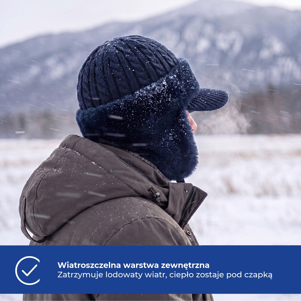 Czapka uszatka męska z daszkiem i polarową podszewką