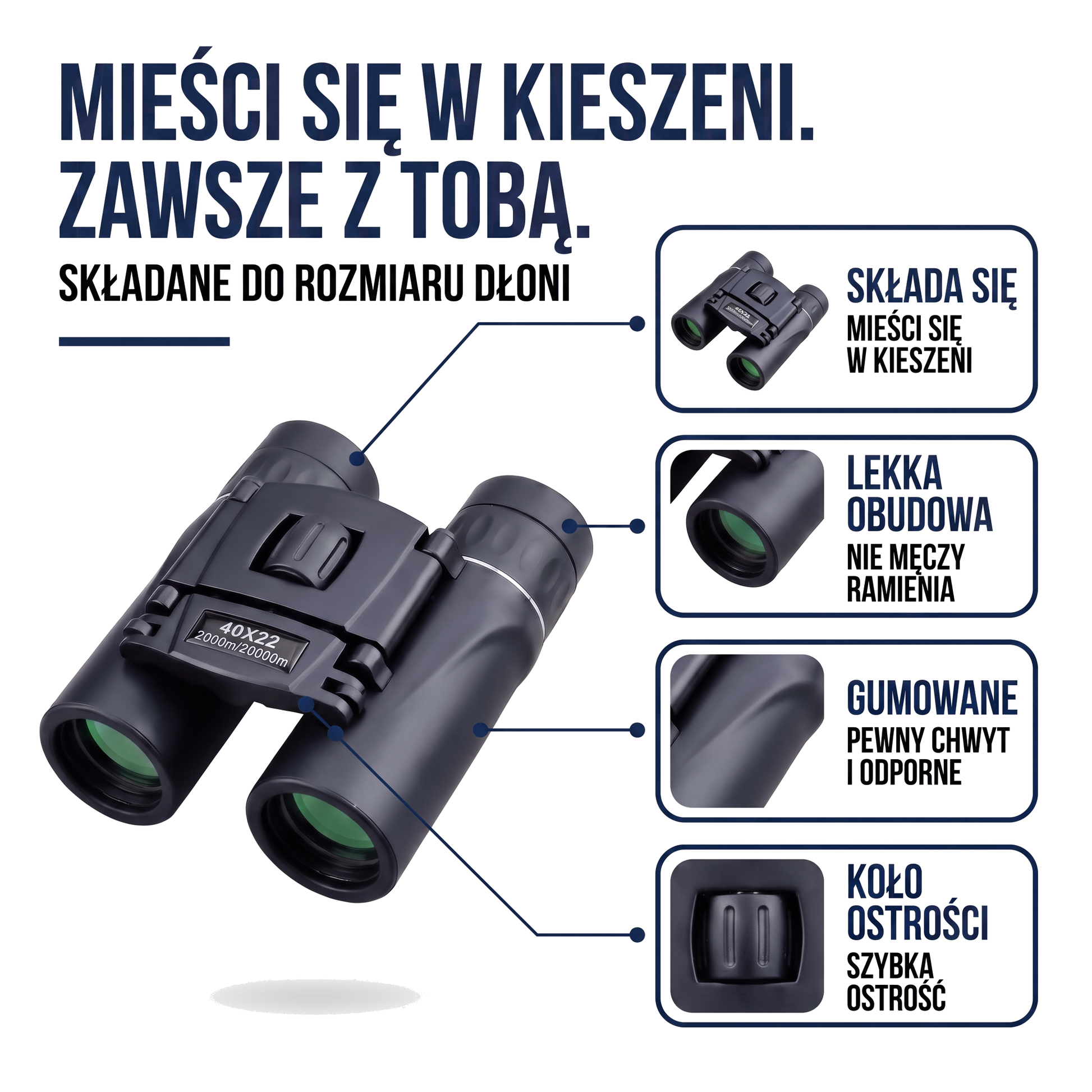 Kompaktowa składana lornetka 40x22 z optyką HD