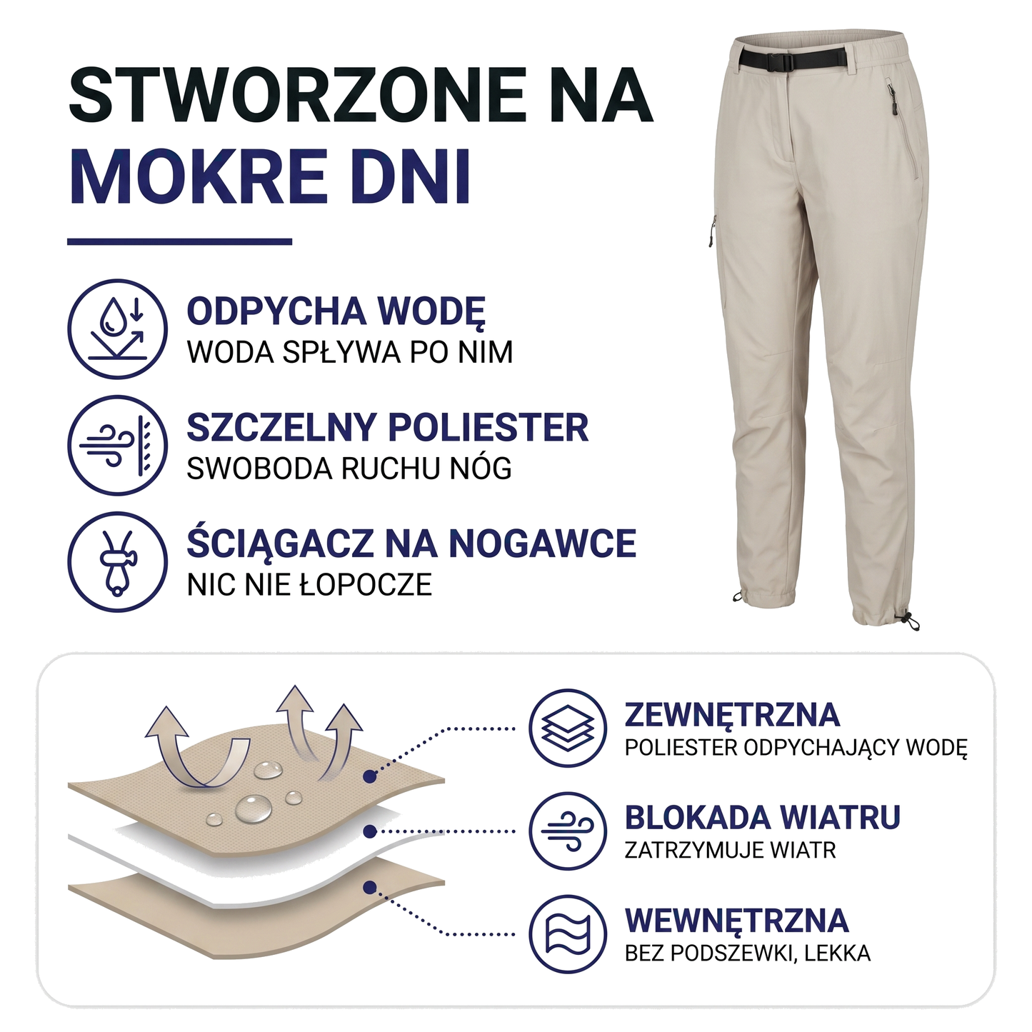 Spodnie trekkingowe damskie wodoodpychające z paskiem