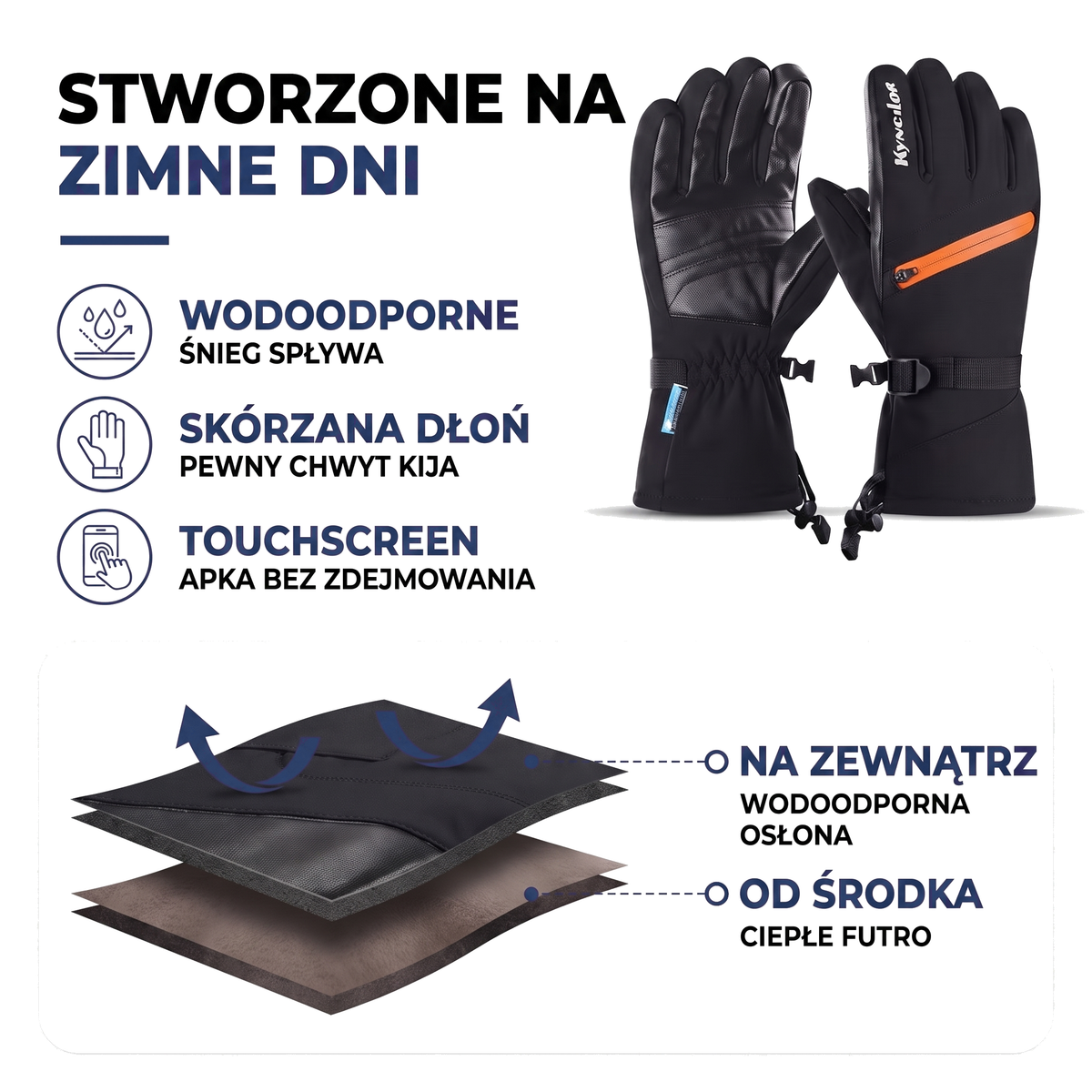 Wodoodporne rękawice narciarskie z ekranem dotykowym i skórzaną dłonią