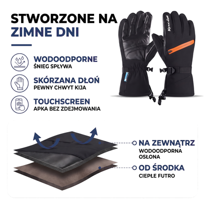 Wodoodporne rękawice narciarskie z ekranem dotykowym i skórzaną dłonią