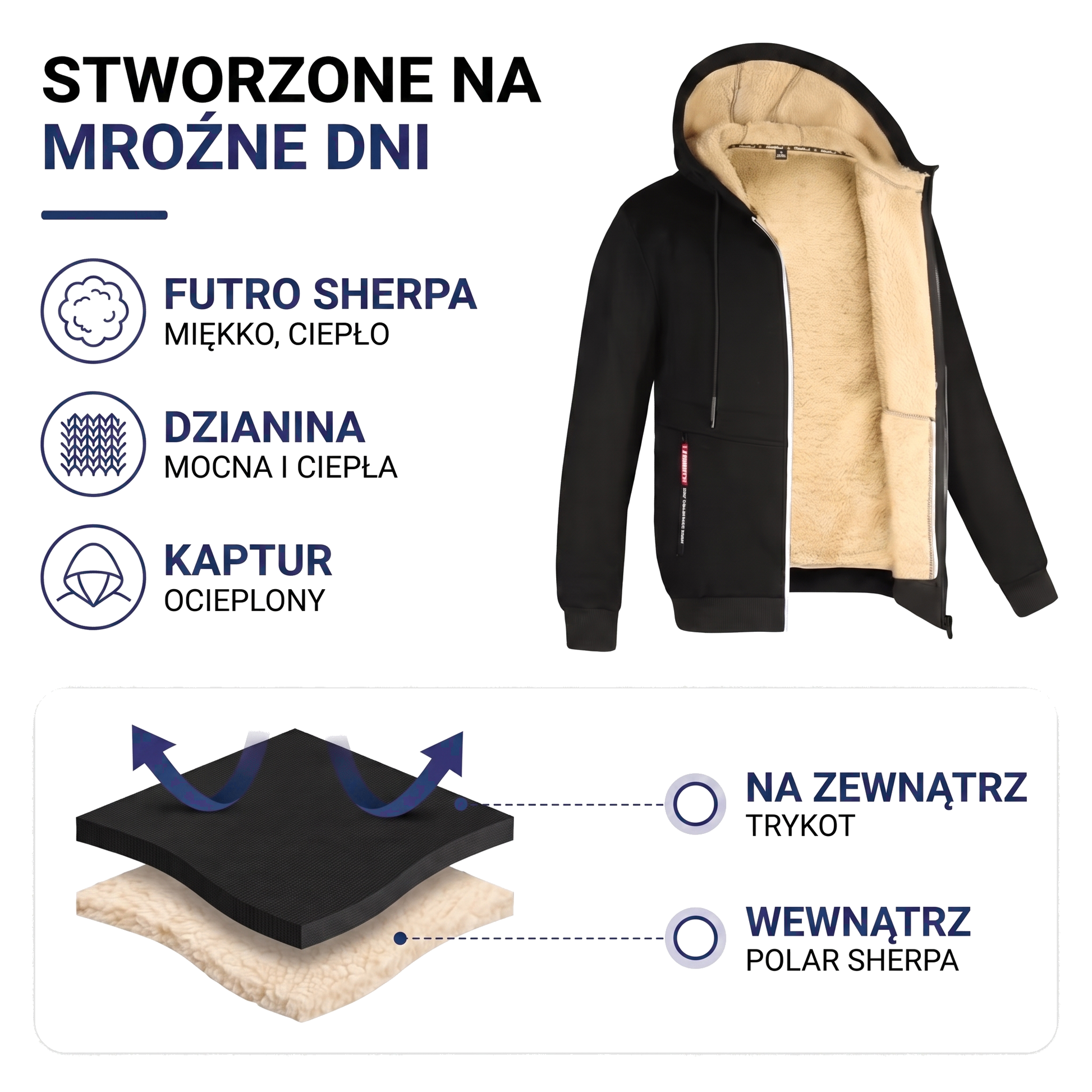Bluza męska rozpinana z kapturem z podszewką sherpa