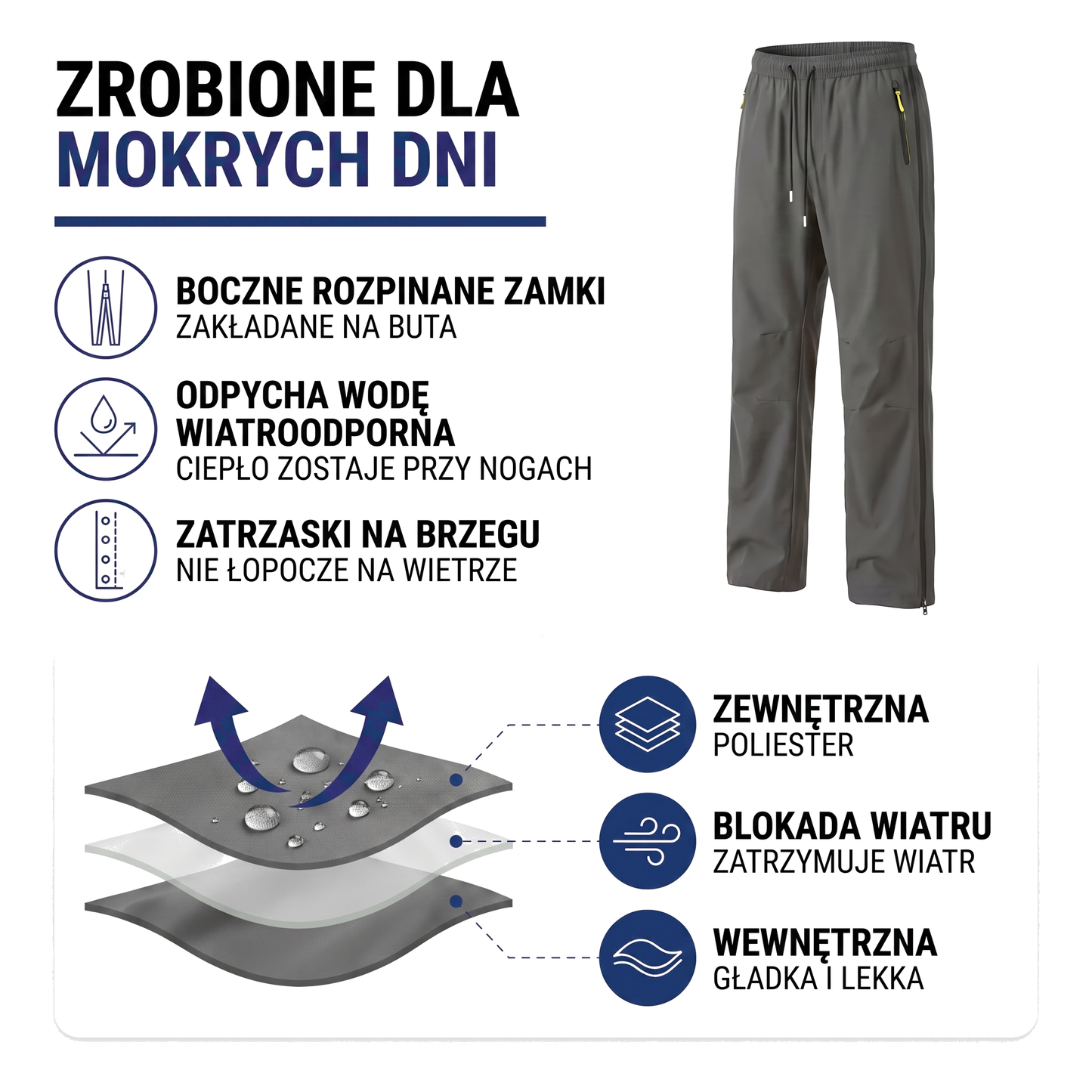 Spodnie przeciwdeszczowe zapinane z boku, wodoodpychające