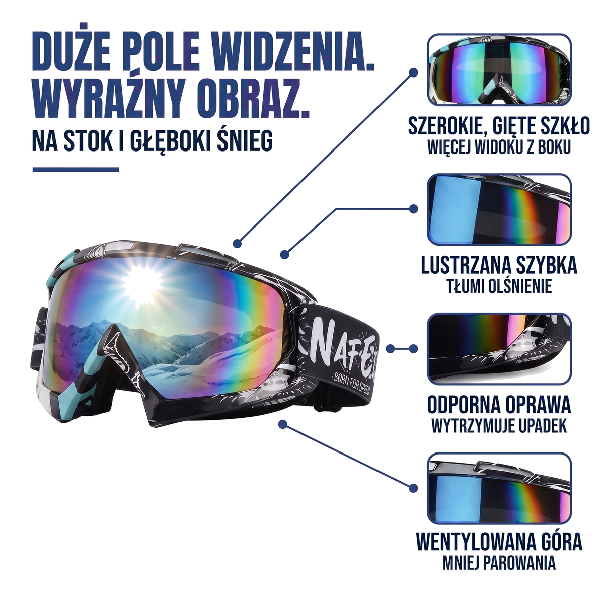 Gogle narciarskie z dużym lustrzanym polem widzenia