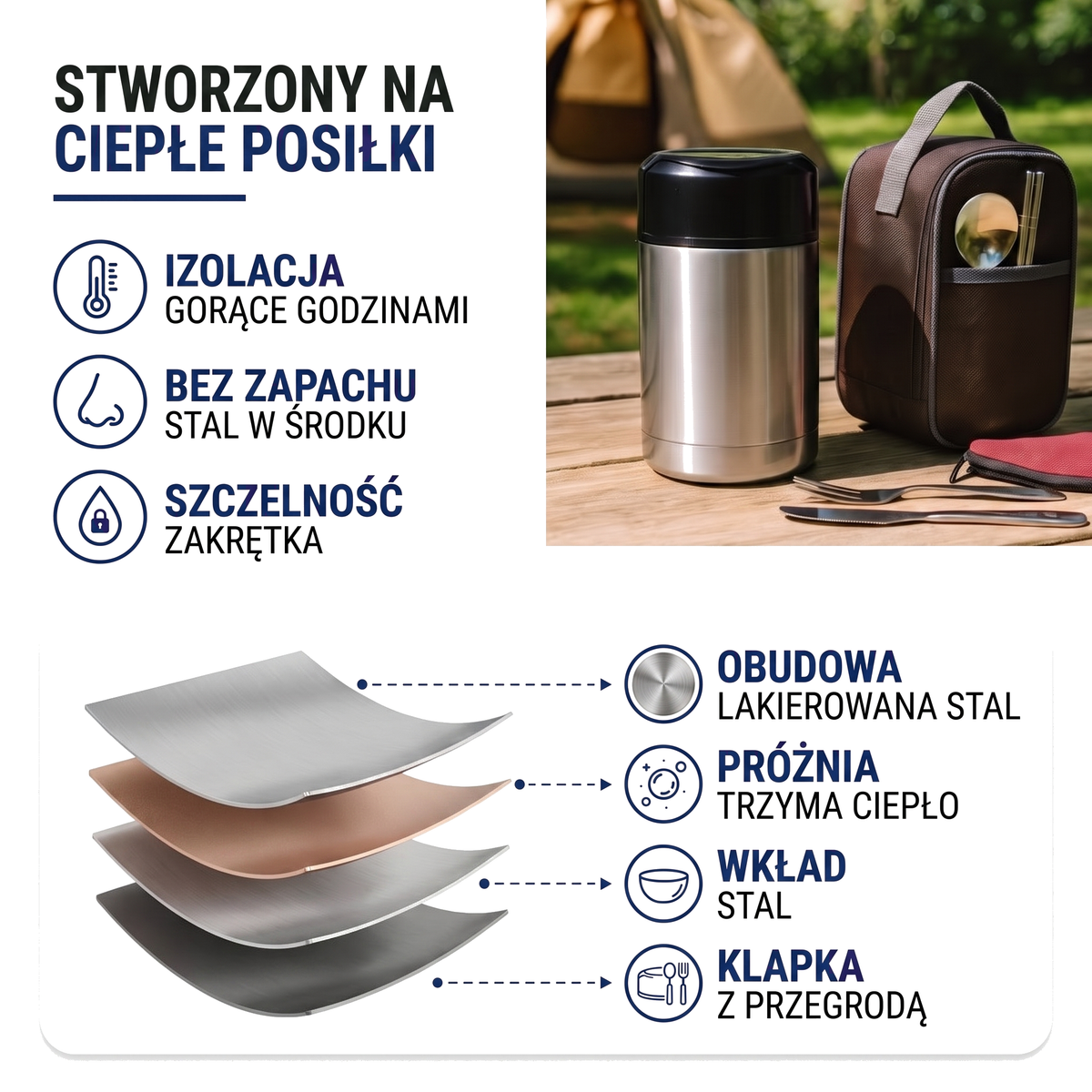 Termos obiadowy ze stali nierdzewnej z sztućcami i torbą