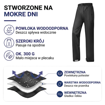 Spodnie przeciwdeszczowe wodoodporne do nakładania z pasami odblaskowymi