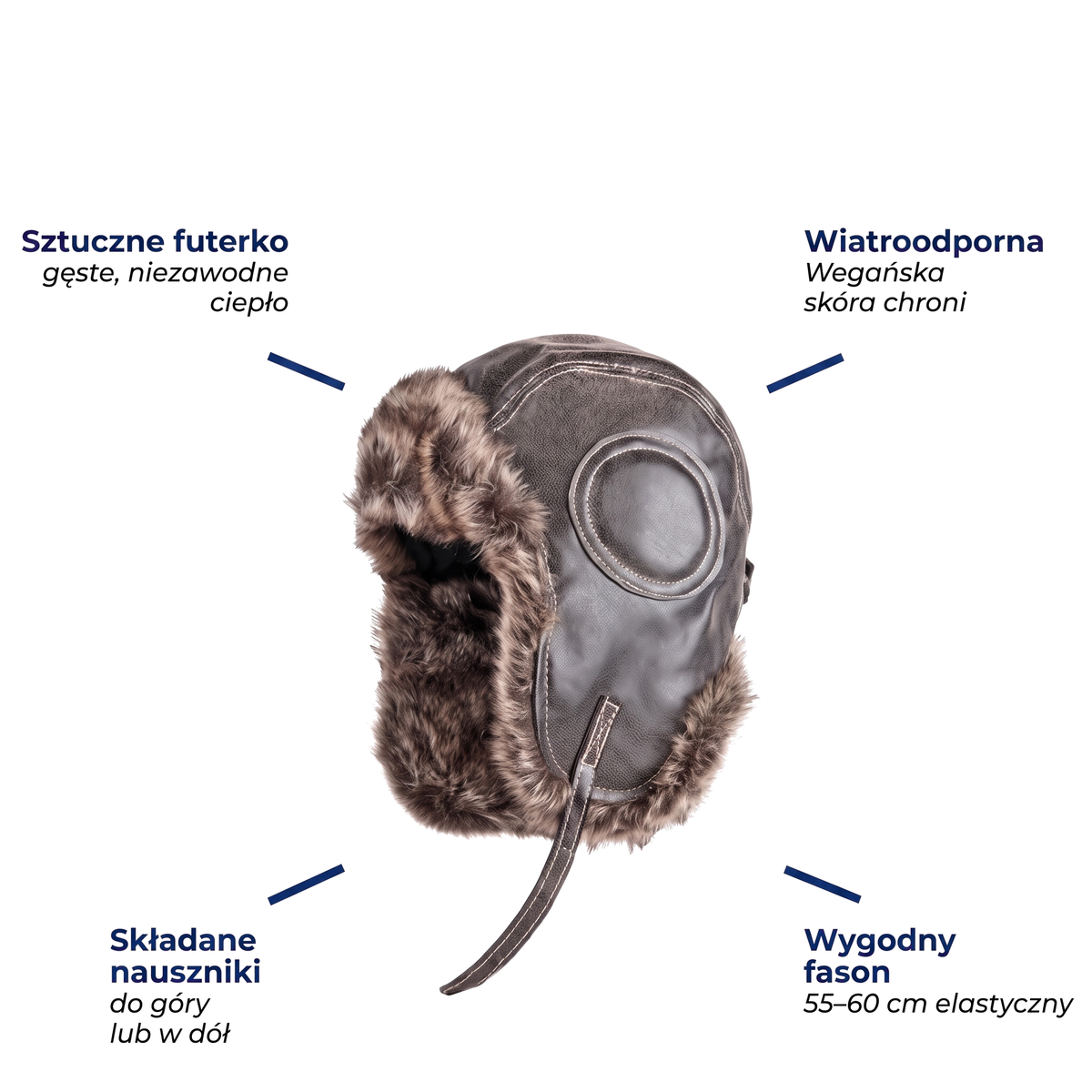 Czapka uszatka ze sztucznym futerkiem, wegańska skóra
