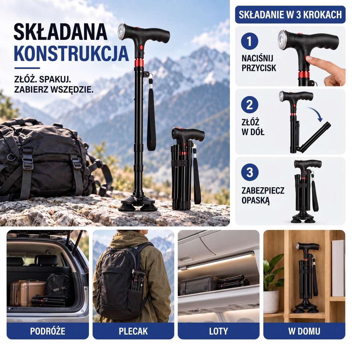 Laska składana – składanie w 3 krokach do podróży