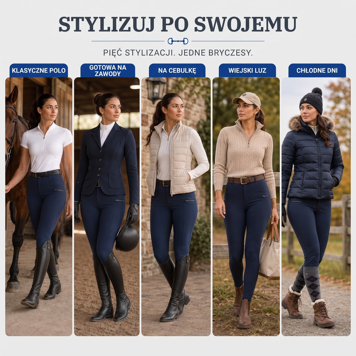 Bryczesy damskie granatowe w pięciu stylizacjach