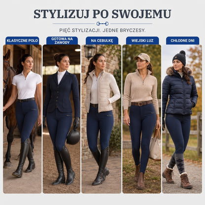 Bryczesy damskie granatowe w pięciu stylizacjach