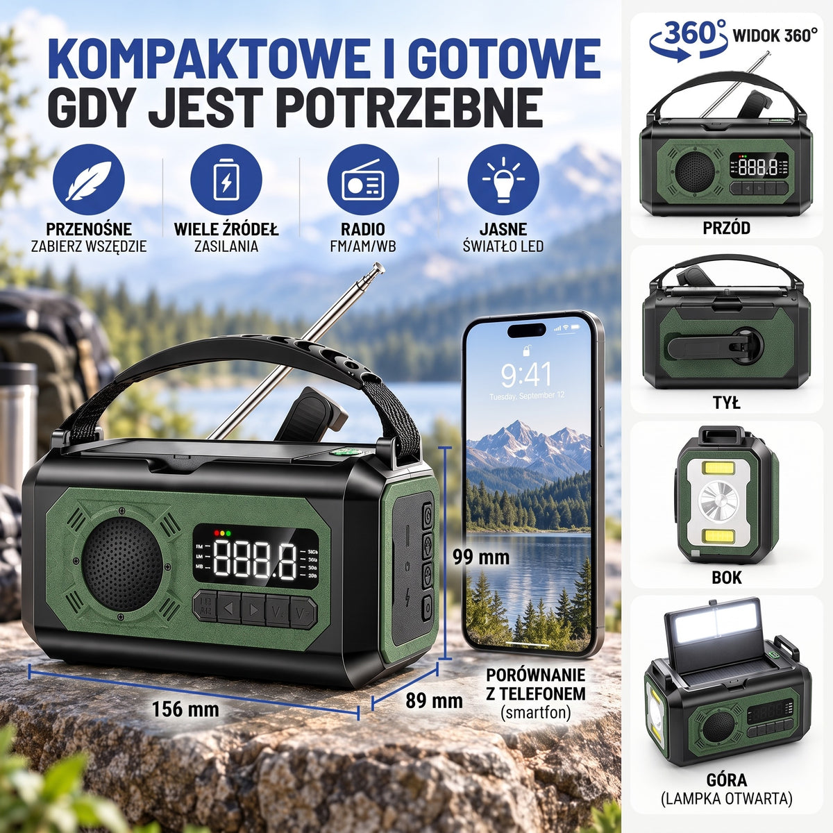 Radio awaryjne kompaktowe: wymiary 156 x 89 x 99 mm i widok z każdej strony