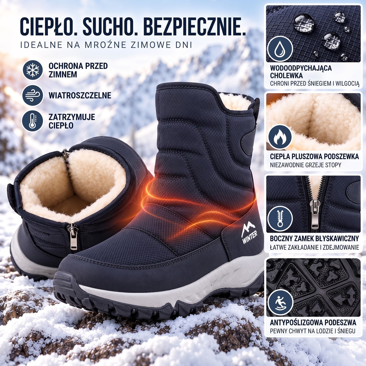 Buty zimowe męskie z pluszową podszewką, zamkiem i antypoślizgową podeszwą