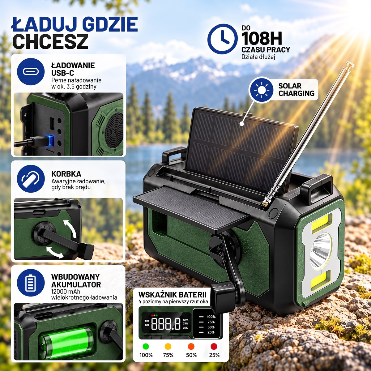 Radio awaryjne ładowanie panelem solarnym, korbką i przez USB-C