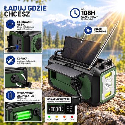 Radio awaryjne ładowanie panelem solarnym, korbką i przez USB-C