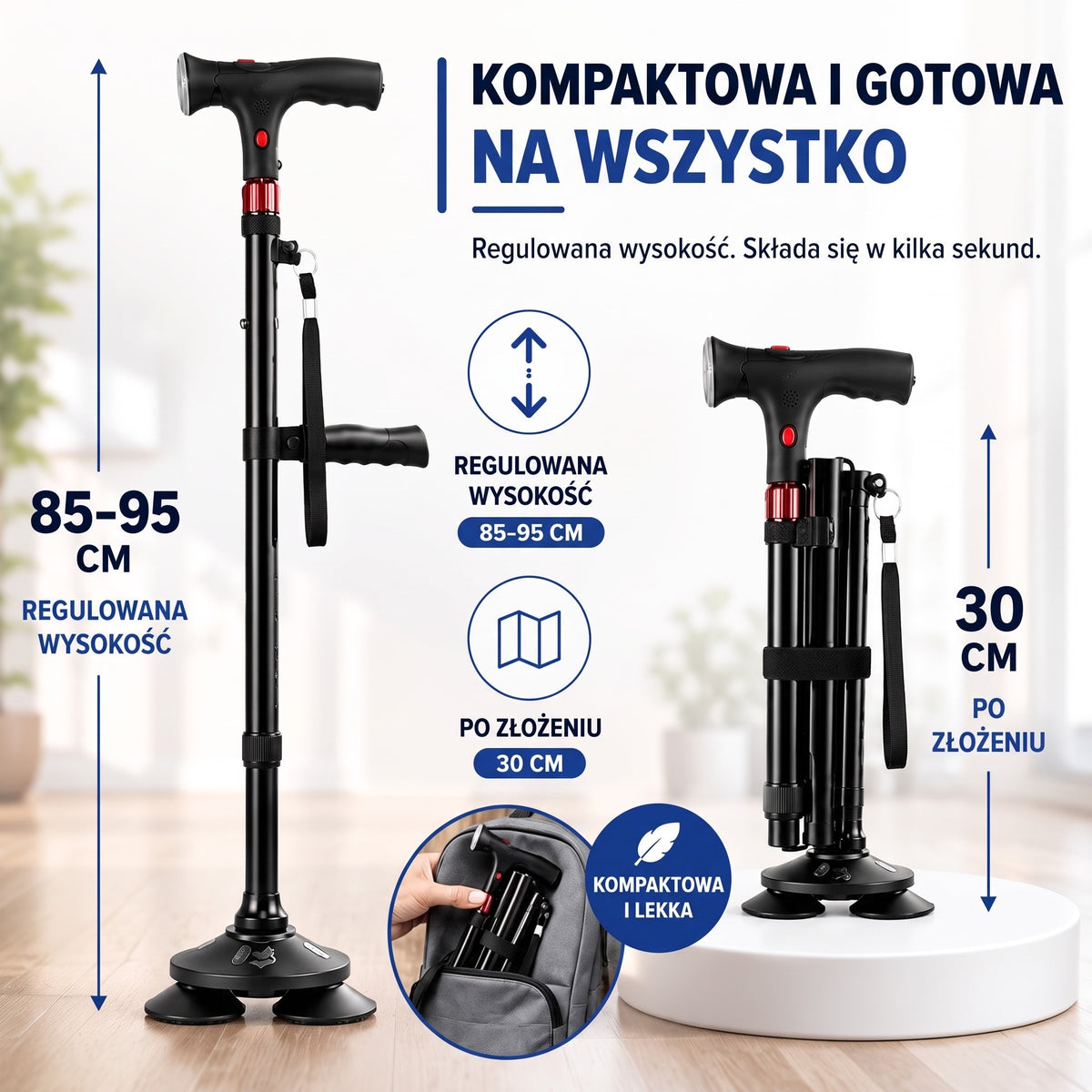 Laska składana – wysokość 85–95 cm, po złożeniu 30 cm