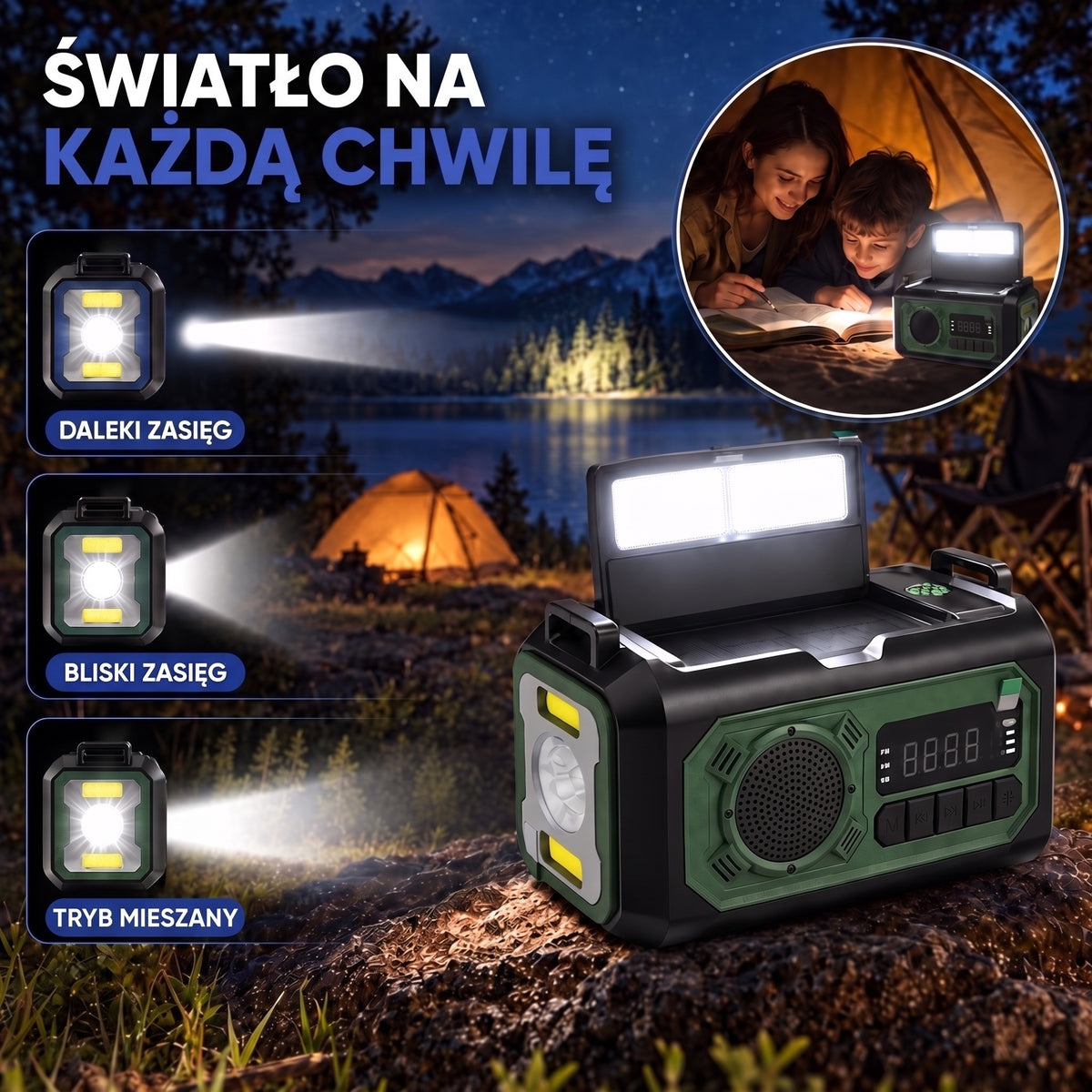 Radio awaryjne latarka z trzema trybami i lampka do czytania nocą