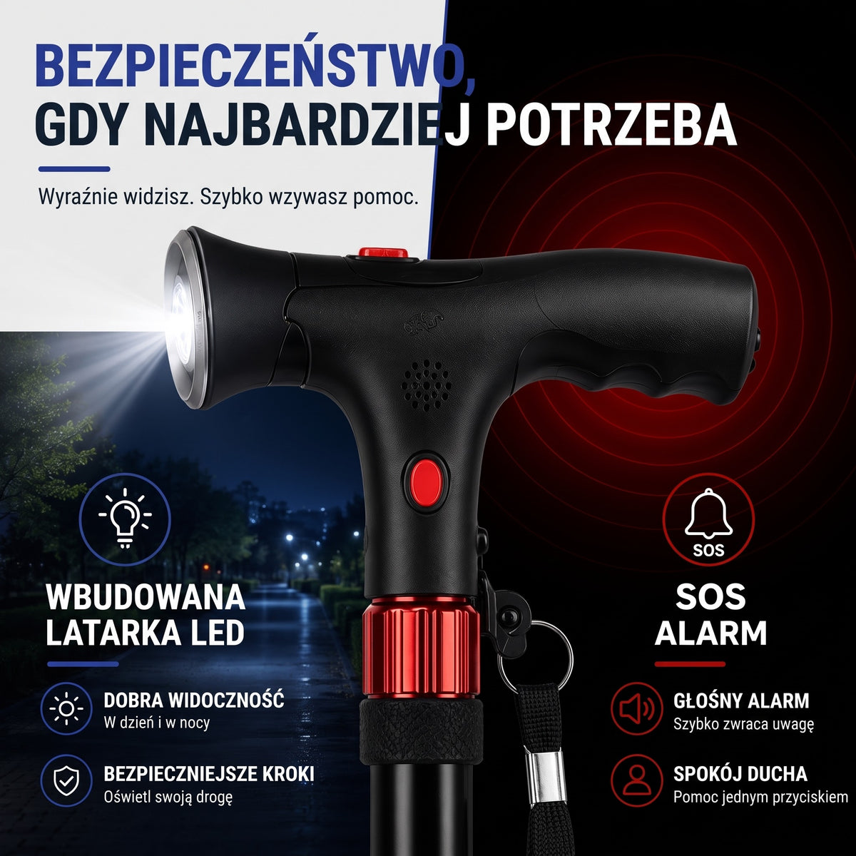Laska z latarką LED i alarmem SOS w rękojeści nocą