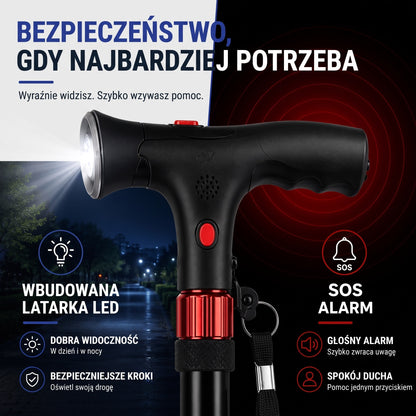 Laska z latarką LED i alarmem SOS w rękojeści nocą