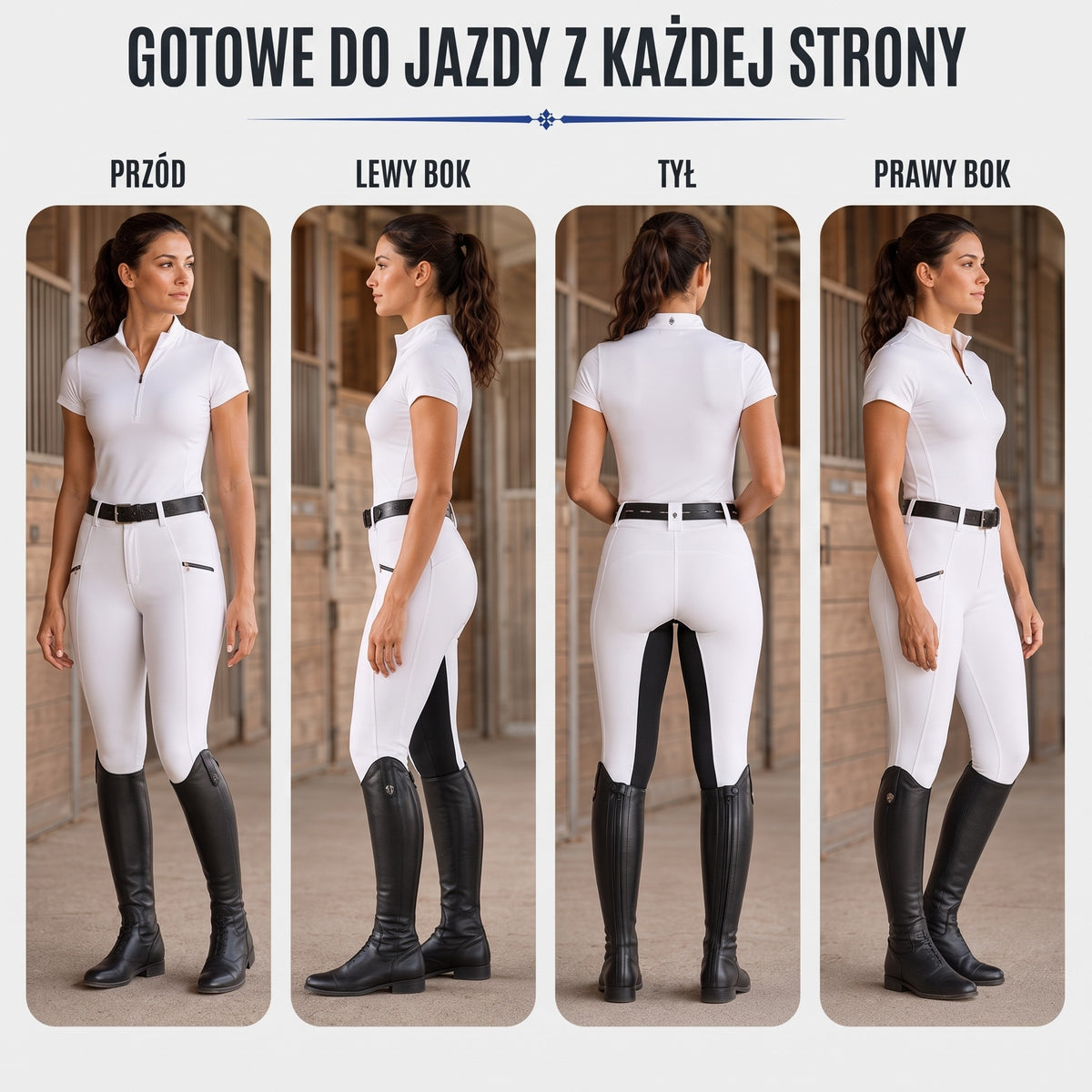 Bryczesy damskie białe z przodu, z tyłu i z obu boków