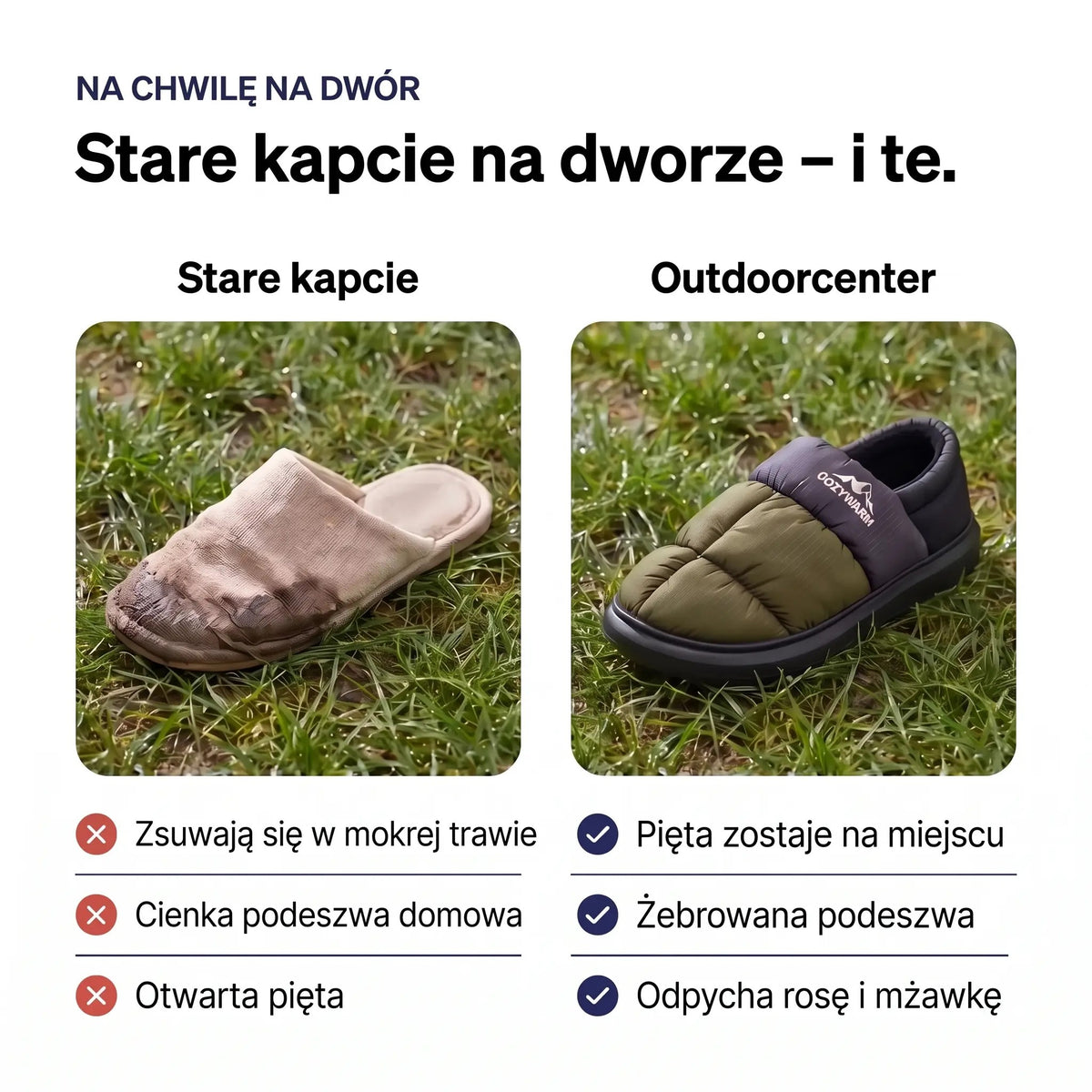 Stare kapcie w mokrej trawie obok kapci z zakrytą piętą