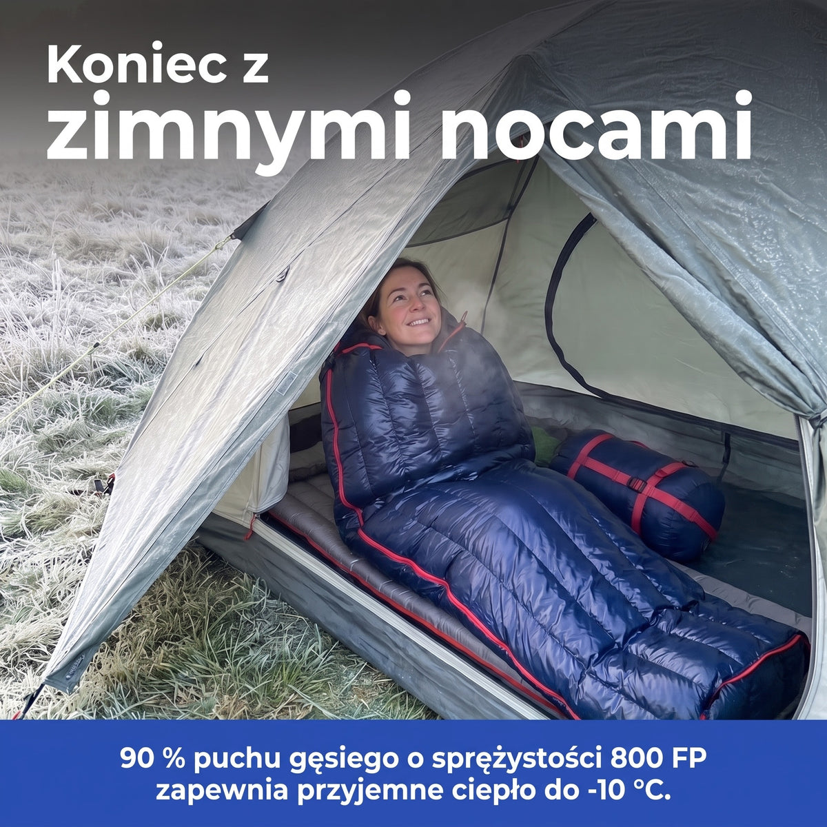 Śpiwór z 90 % puchu gęsiego w namiocie na oszronionej łące