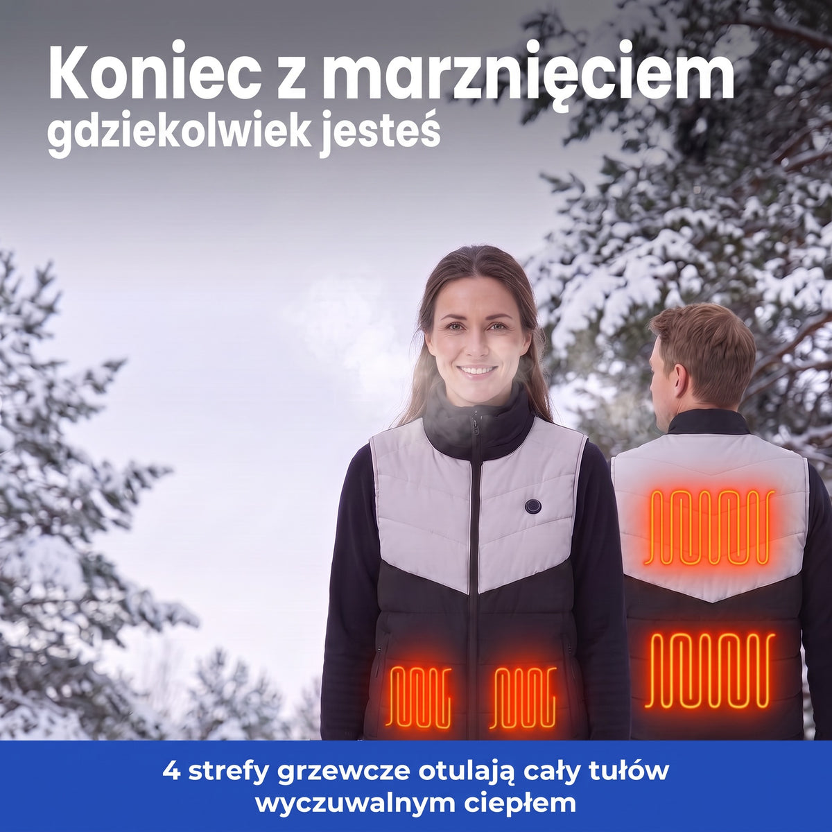 Kamizelka podgrzewana na śniegu – 4 strefy grzewcze ogrzewają cały tułów