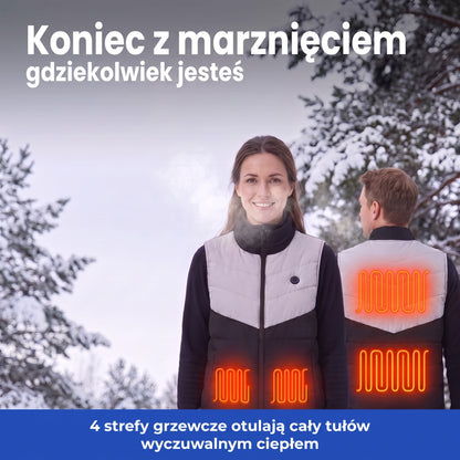 Kamizelka podgrzewana na śniegu – 4 strefy grzewcze ogrzewają cały tułów